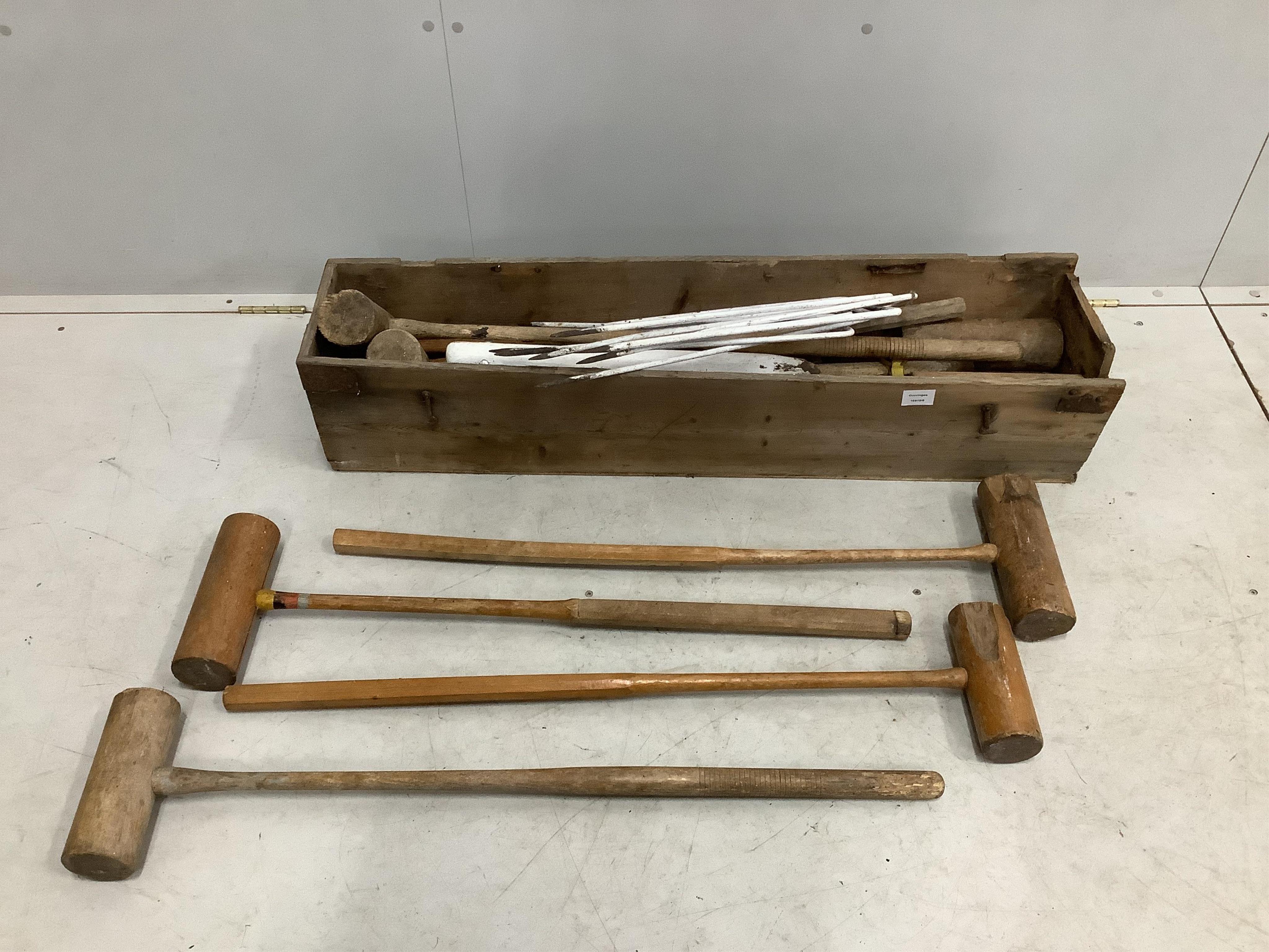 A vintage croquet set, some pieces by Jacques. Condition - box lacks cover and some mallets disassembled